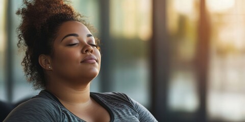 Plus-size woman relaxing after a workout, feeling accomplished and at ease after completing her fitness session, Generative AI