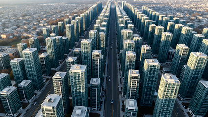 Obraz premium Building Aerial view of aligned glass towers forming a city center grid, surrounded by low-rise buildings