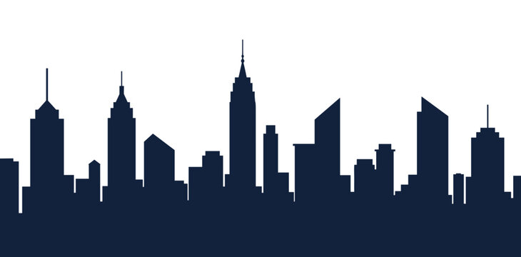 Stylized city skyline silhouette on a transparent background with minimalistic design