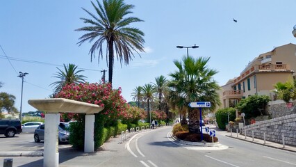 A vibrant street scene in Antibes, France, bathed in sunlight. Palm trees and brightly colored pink...
