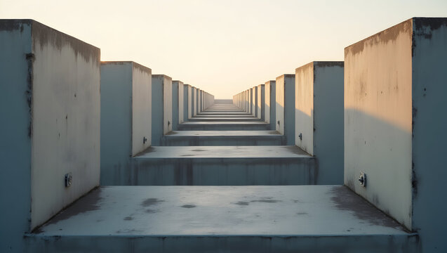 Building Asymmetrical concrete segments with visible anchor bolts and casting marks in soft morning light