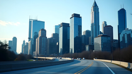 Building Bold city skyline with sharp vertical lines of glass buildings captured from a nearby raised highway curve