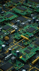 Close Up of Green Printed Circuit Board with Electronic Components in Detail