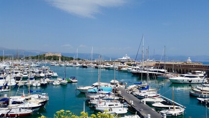 A panoramic view from Fort Carré showcases Port Vauban, one of Europe's largest yachting harbors,...