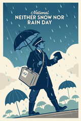 Postal worker braving rain on National Neither Snow Nor Rain Day illustration