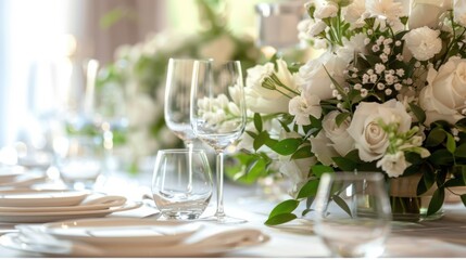 "Elegant Wedding Table Setting with White Flowers in Romantic Indoor Celebration"

