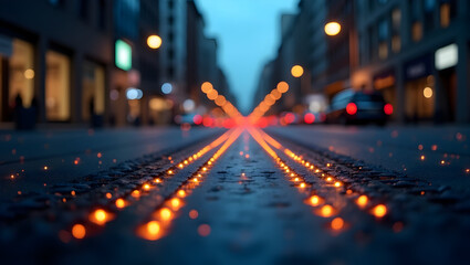 Building Close-up of high-tech circuit lines on an urban street glowing with pulsing orange dots