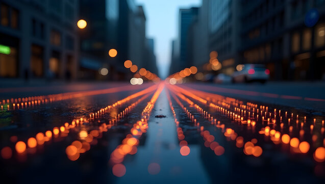 Building Close-up of high-tech circuit lines on an urban street glowing with pulsing orange dots