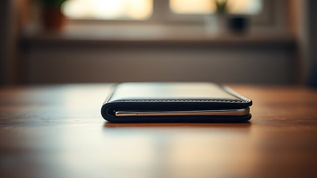 A sleek wallet lies on a wooden surface, highlighted by warm ambient lighting in a minimalist setting.