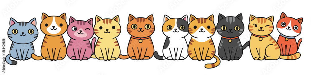 Poster charming lineup of cartoon cats with collars in various colors and patterns on a transparent backgro