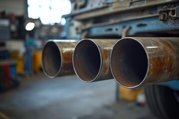 Mechanics fixing a car exhaust system in a garage, working with tools and precision to complete the repair work, Generative AI