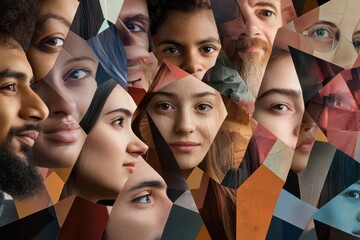 Diverse faces in geometric art creative studio digital collage contemporary environment artistic viewpoint identity concept