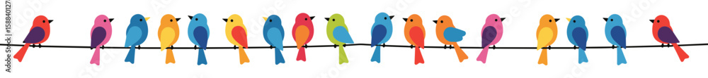 Poster colorful bird lineup sitting on a wire illustrated in a playful vector style on a transparent backgr