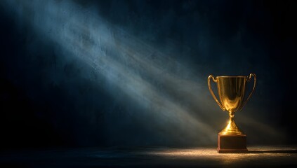 Golden trophy standing in spotlight on dark background