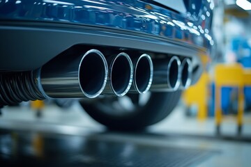 Mechanics fixing a car exhaust system in a garage, working with tools and precision to complete the repair work, Generative AI