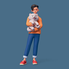 3d rendering of stylized funny cartoon cute excited asian guy standing holding hugging fluffy samoyed dog both hands. Best friend puppy, smiling face, tongue sticking out of mouth on blue background.