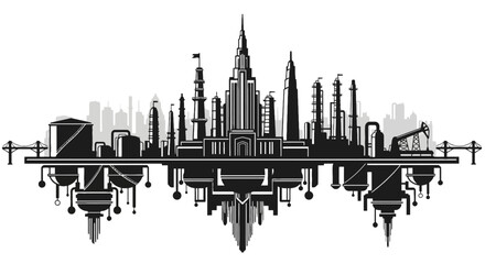 Explore the powerful silhouette depicting the oil and gas industry, showcasing energy production, fuel, and the industrial landscape with drilling and refining processes.