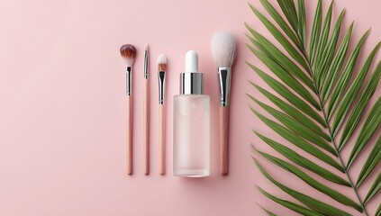 Cosmetic dropper bottle with makeup brushes on pink background with tropical leaf