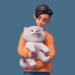 3d rendering portrait of stylized funny cartoon cute excited asian guy holding hugging fluffy samoyed dog both hands. Best friend puppy, smiling face, tongue sticking out of mouth on blue background.