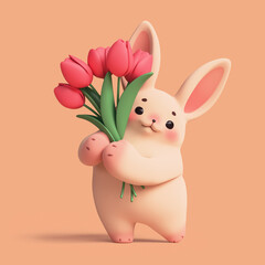 3d rendering of stylized funny kawaii soft fluffy cartoon easter bunny with eyebrows, pink ears, cheeks holding bouquet of red tulips in paws stands in dancing pose. Hello spring on orange background.