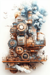 Fototapeta premium This steampunk train illustration showcases intricate gears and a whimsical cloud scene.