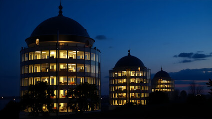 Building Evening shot of illuminated glass towers with warm interior lighting, glowing softly in twilight blue