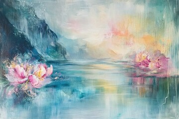 Serene water landscape with lotus flowers tranquil nature scene abstract art calming colors scenic view