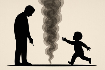 This poignant illustration features a man smoking, separated by smoke from a child, symbolizing workplace stress, emotional disconnection, and mental health challenges. Great for articles on stress re
