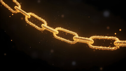 Fototapeta premium Building Floating golden chain links illuminated with spark-like shimmer over a dark abstract space