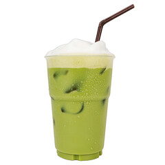 Iced of milk matcha green tea in plastic cup isolated white background.