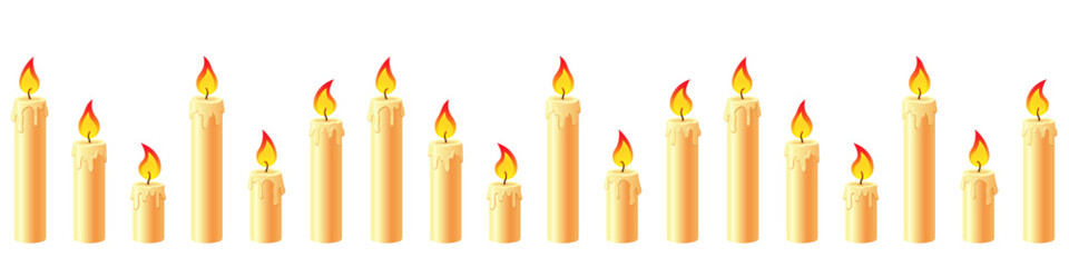 Seamless border with burning candles. Isolated vector.