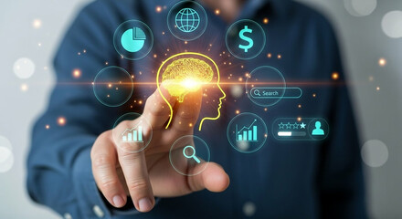 Person s finger interacting with a digital interface showing business and finance icons