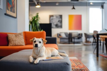 Cute dog relaxing in modern office space indoor environment pet photography cozy atmosphere