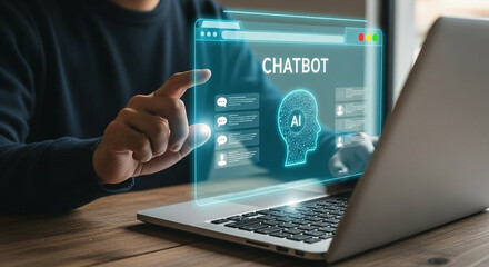Person interacting with a futuristic chatbot interface on a laptop screen displaying ai