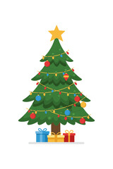 Festively decorated Christmas tree with ornaments, lights, and gifts on a transparent background