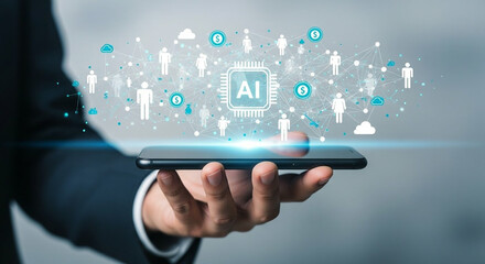 Person holding smartphone displaying ai network with people and currency symbols