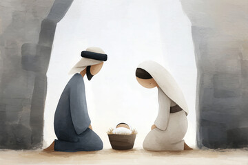 A modern, minimalist nativity scene. Mary and Joseph adore the baby Jesus in a manger, viewed from behind. A simple, peaceful illustration symbolizing the hope and serenity of Christmas.