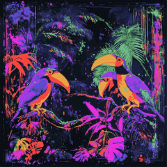 Vibrant toucans in neon colors perched on a tropical branch, surrounded by lush foliage in a psychedelic art style. © Nur