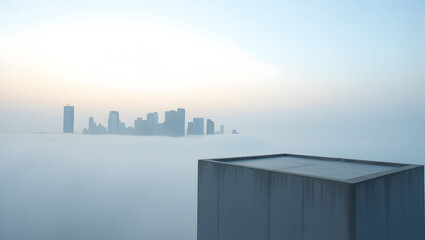 Building Minimalist skyline shot with modern buildings emerging from fog, viewed from a concrete helipad on a highrise