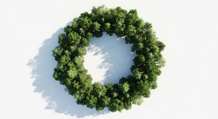 A lush green circle of trees forms a natural wreath on a bright white background
