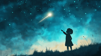 Young child silhouette pointing at bright comet in night sky  