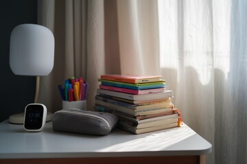 Back to school concept. School supplies and books are on the desk. 