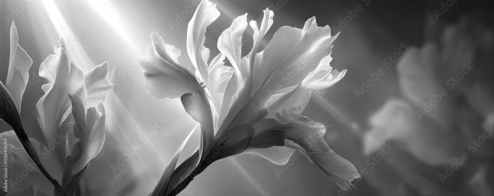 Poster iris transition for minimal flare concept. elegant black and white flower with soft highlights and s