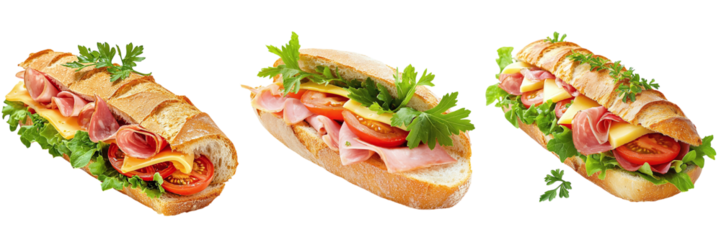 Set of delicious baguettes with ham, lettuce, tomato and cheese isolated on transparent background PNG