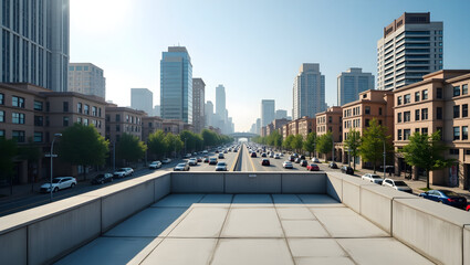 Building Open concrete rooftop overlooking busy city streets, captured in wide panoramic format
