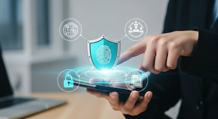 Person using mobile device with digital security icons and fingerprint authentication