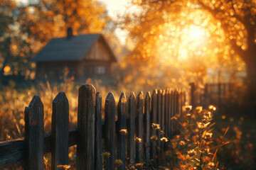 Wooden fence in a rural landscape. Misty autumn morning at sunrise. Defocused photo, bokeh background.