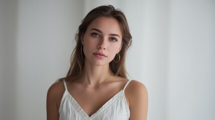 Fototapeta premium Portrait of a serene young woman with soft light and minimalist background