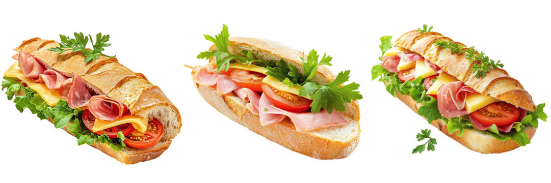 Set of delicious baguettes with ham, lettuce, tomato and cheese isolated on transparent background PNG