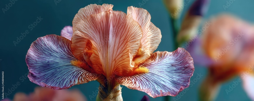 Poster iris transition for minimal flare concept. beautiful close-up of a delicate iris flower with vibrant
